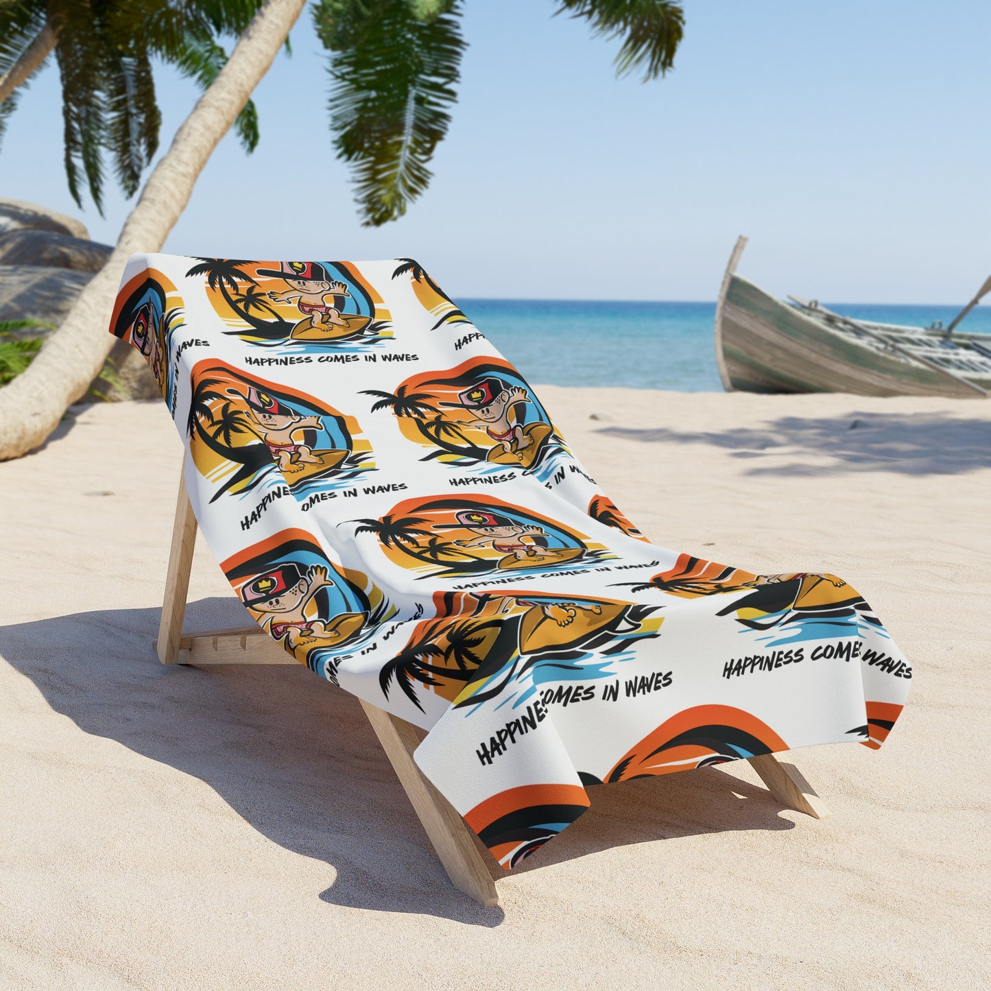 HAPPINESS COMES IN WAVES BEACH TOWEL