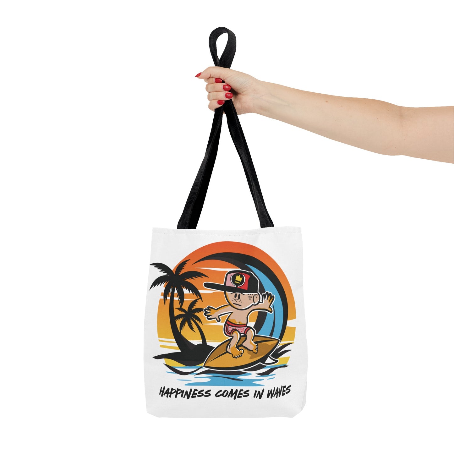 HAPPINESS COMES IN WAVES TOTE BAG